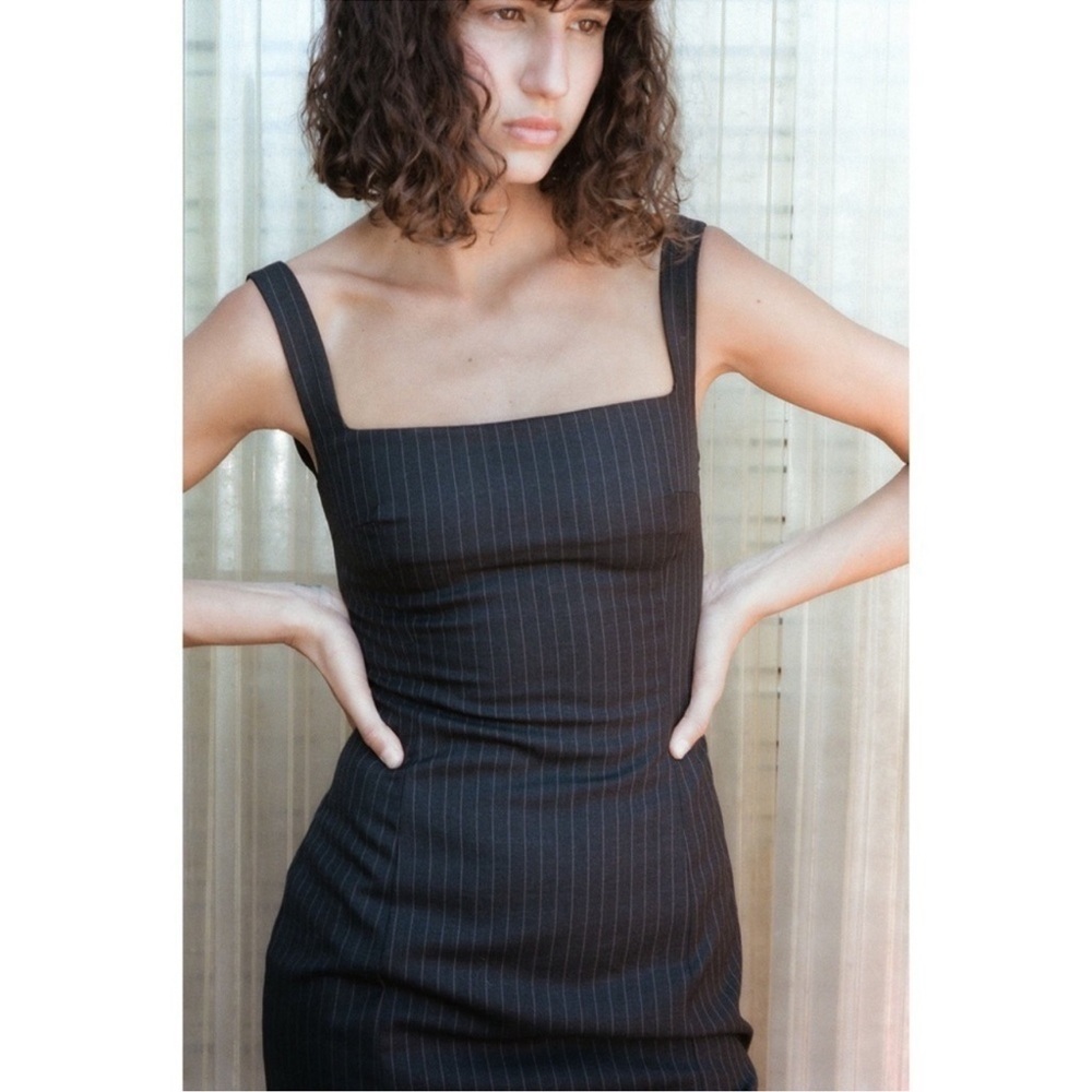 ST.AGNI Pinstripe Square Neck MIDI dress